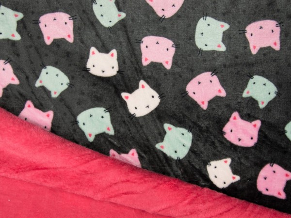 Wellnessfleece Double "Katzen" grau/pink