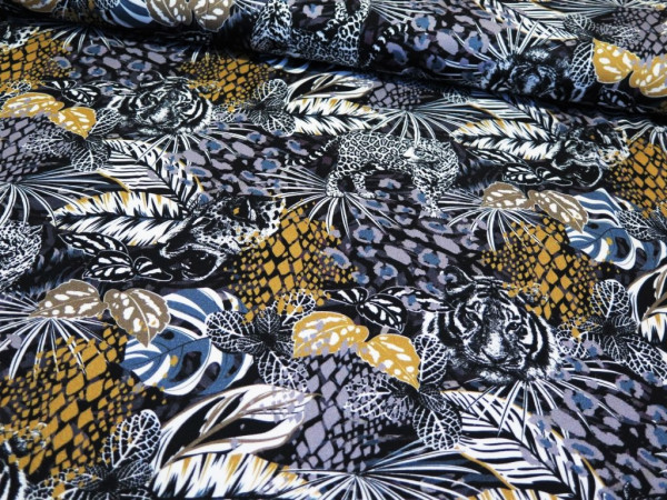 Viskosejersey "Wild Cats" jeans/senf