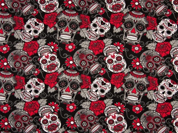 Baumwolljersey "Totenkopf" schwarz-rot