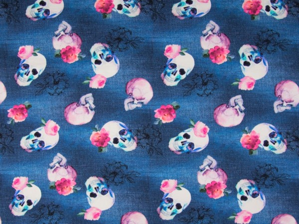 Baumwolljersey "Totenkopf Rosen" denimlook
