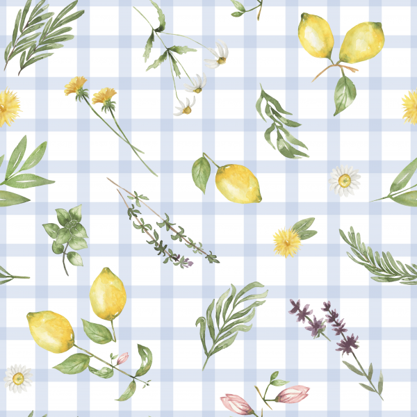 Dekostoff "Zitronen" hellblau kariert