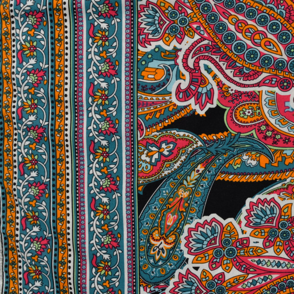 Viskose Popeline "Paisley Bordüre" pink/petrol/schwarz/orange