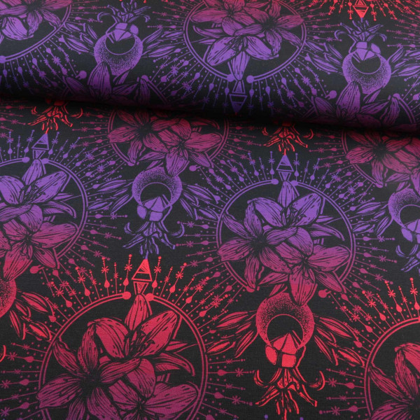 Modal Sommersweat "Blumen- signs" schwarz- rosa- lila