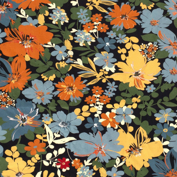 Baumwolljersey "große Blumen" blau-gelb-orange