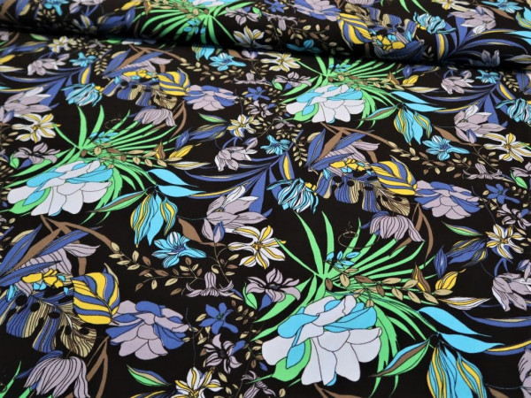 Viskose "Blumen" schwarz-türkis-blau