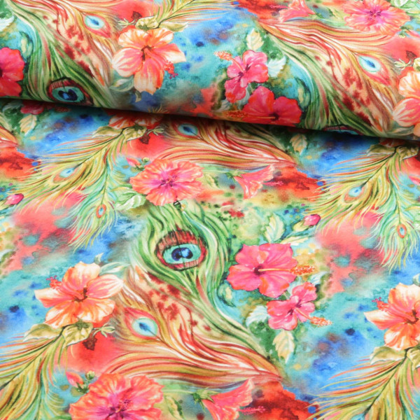 Baumwolljersey "Pfau" bunt