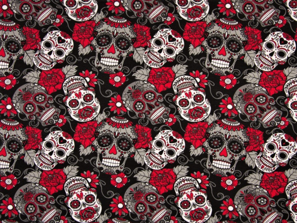Baumwolljersey "Totenkopf" schwarz-rot