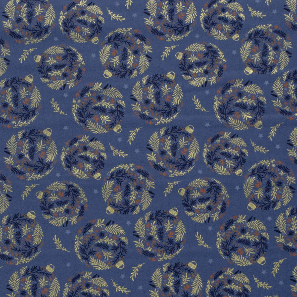 Baumwollstoff "Weihnachtskugel" blau/gold