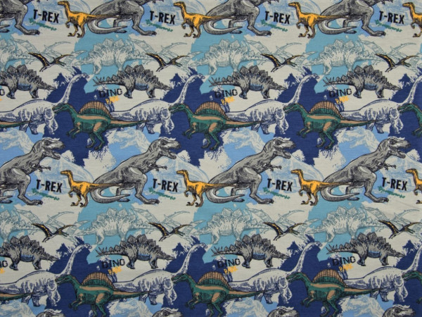 Baumwolljersey "Dinos" blau/senf