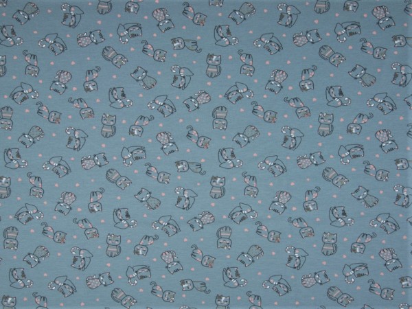 Baumwolljersey "Katzen" jeansblau/rosa