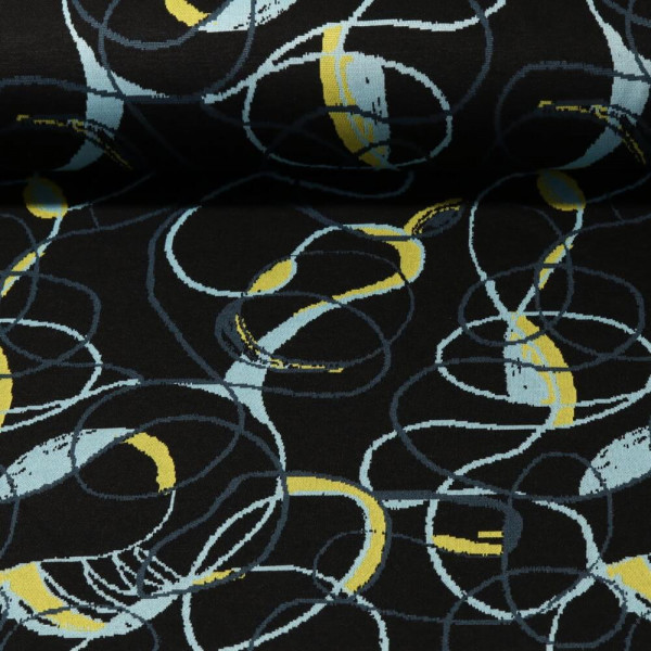 Jacquardjersey "Kreise" petrol/gelb