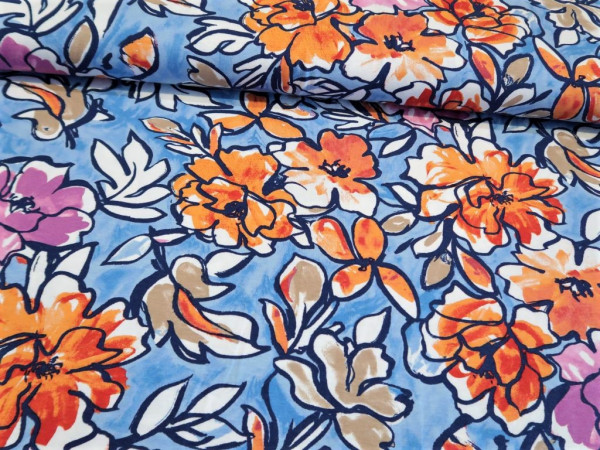Viskosejersey "flower-watercolour" blau-orange