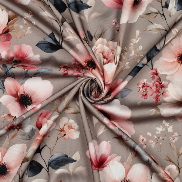 Viskose Satin "Blumen" grau/rosa