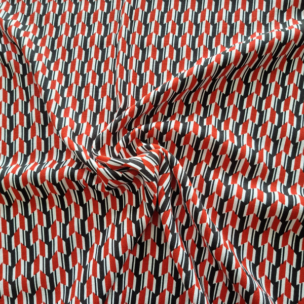 elastische Viskose Leinenoptik "Zacken" rot/schwarz