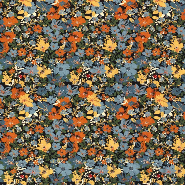 Baumwolljersey "kleine Blumen" blau-gelb-orange