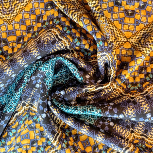 Viskose Satin "Kaleidoskop" blau/senf Viskose Satin "Kaleidoskop" blau/senf
