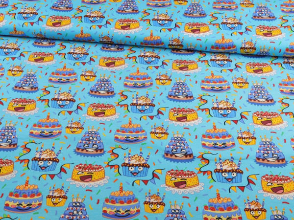 Baumwolljersey "krasse Torten" hellblau