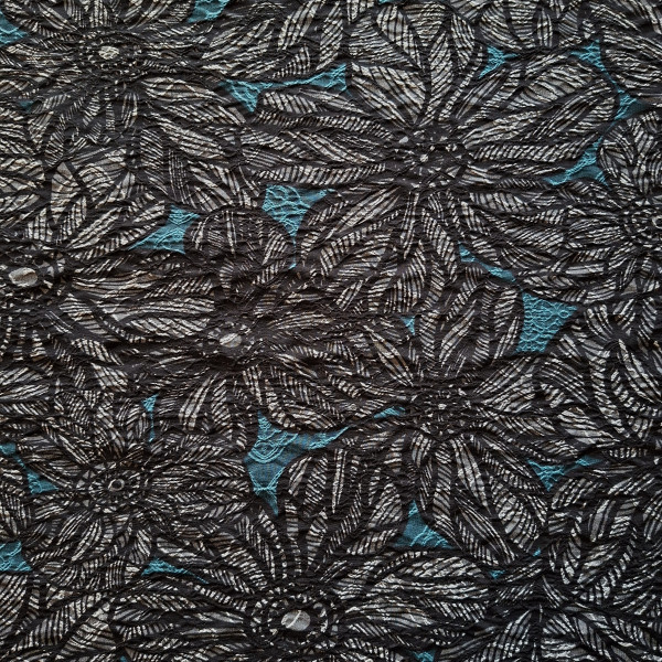 Elastisches Jacquard Gewebe "Flower" schwarz/petrol
