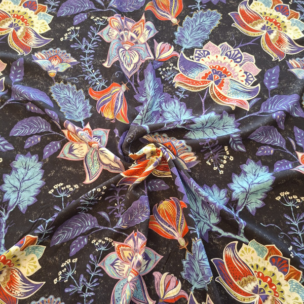 Viskose "Flower&Leave" lila/dunkelblau