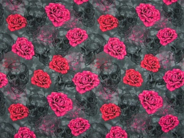 Baumwolljersey "Totenkopf-Rosen" grau/rot/pink