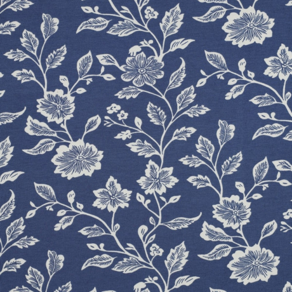 Viskosejersey "Blumenranken" jeansblau/weiss