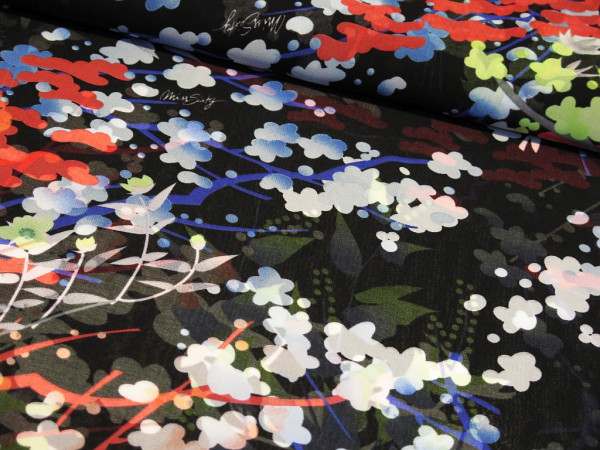 Chiffon Designerstoff "Flower" black