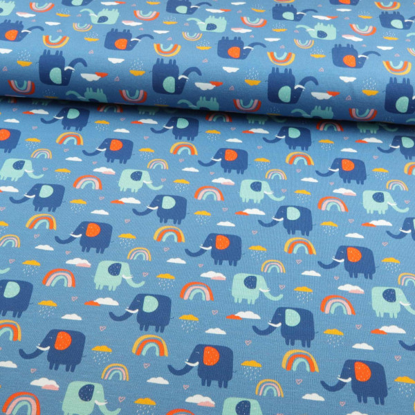 Baumwolljersey "Elefanten und Regenbogen" blau