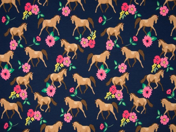 Baumwolljersey "Flower&Horse" blau