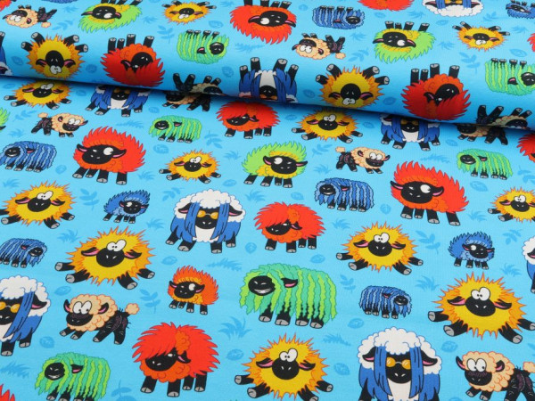 Baumwolljersey "Monsterschafe" blau