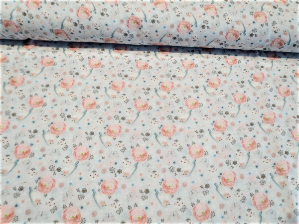 BIO Musselin "Vögel und Blumen" hellblau-mint