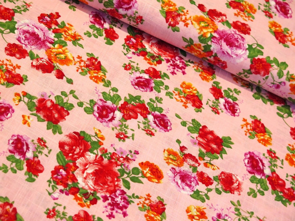 Baumwollstoff in Leinen Optik " Rosen " rosa