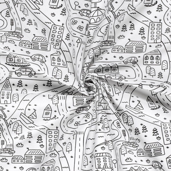 Baumwollstoff "Spielstraße" weiss