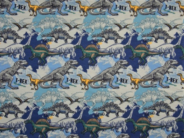 Baumwolljersey "Dinos" blau/senf
