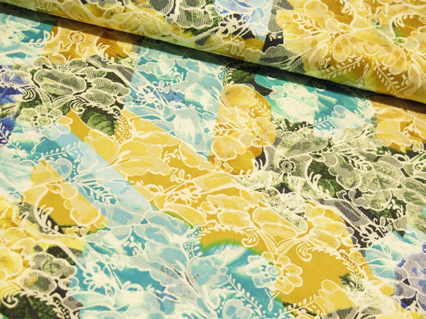 Stretch Jacquard "Flower" aqua/senf