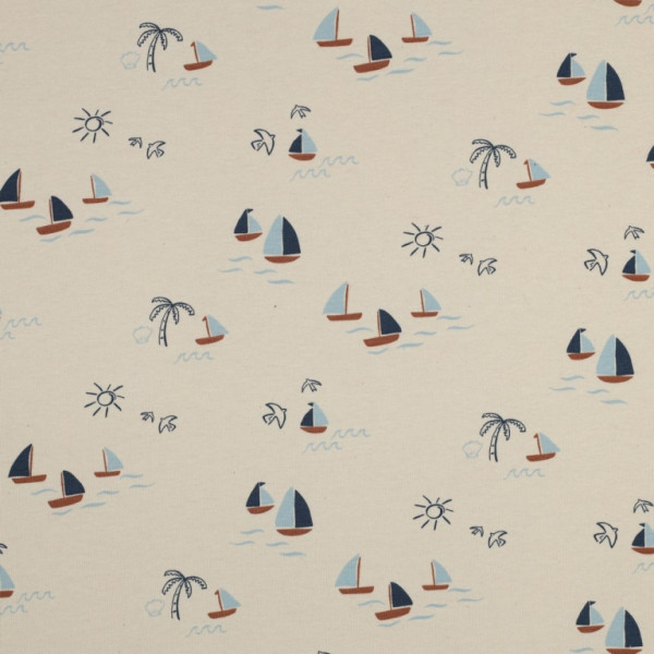 Baumwolljersey BIO "Schiffchen" natur/blau