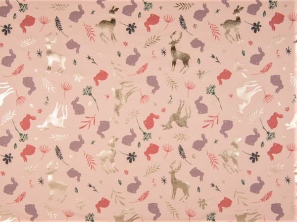 Baumwolljersey "Reh&Hase" Foliendruck rosa
