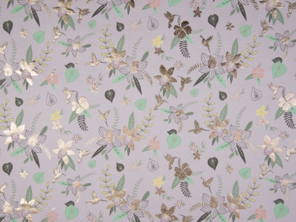 Baumwolljersey "Blumen und Vögel" lila
