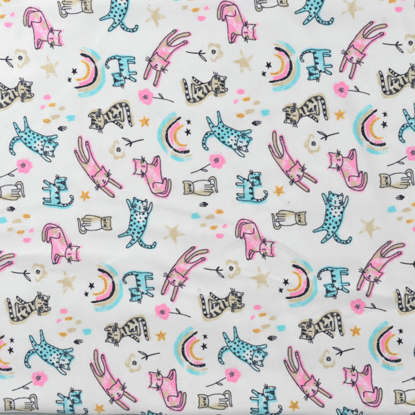 Baumwolljersey "Katzen" weiss/rosa/türkis