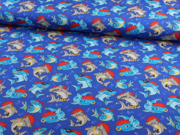 Baumwolljersey "Punker Haie" blau