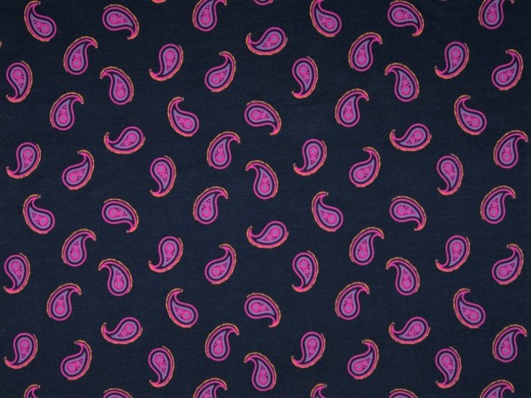 Baumwolljersey "Paisley" dunkelblau/pink