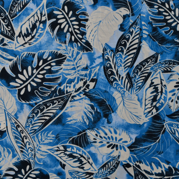 Viskose Popeline "Blätter Bali" blau/natur