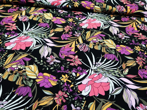 Viskose "Blumen" schwarz-pink-lila