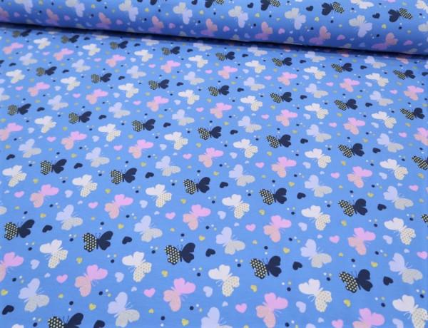 Baumwolljersey Glitzerdruck "Schmetterlinge" hellblau