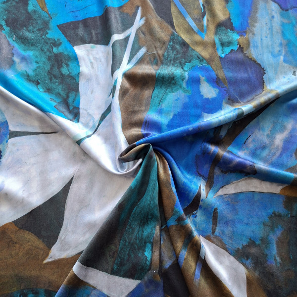 Viskose Satin "Abstract Leave" blau