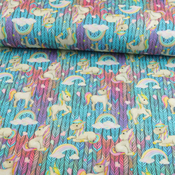 Baumwolljersey "Einhörner und Regenbogen" mint-lila-pink