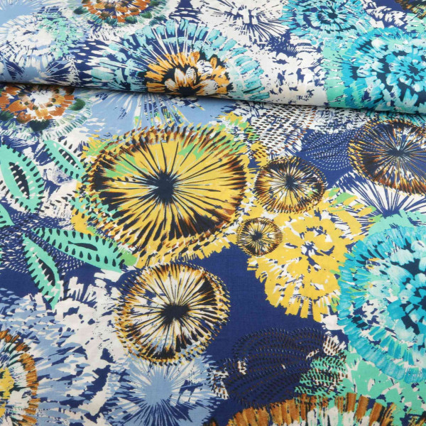 Viskose "Blumen" blau-mint-gelb