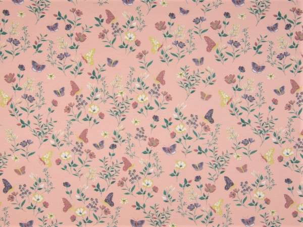 Baumwolljersey "Blumen und Schmetterlinge" rosa