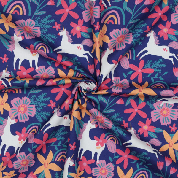 Baumwollstoff Poplin "Flowers&Unicorn" cobalt